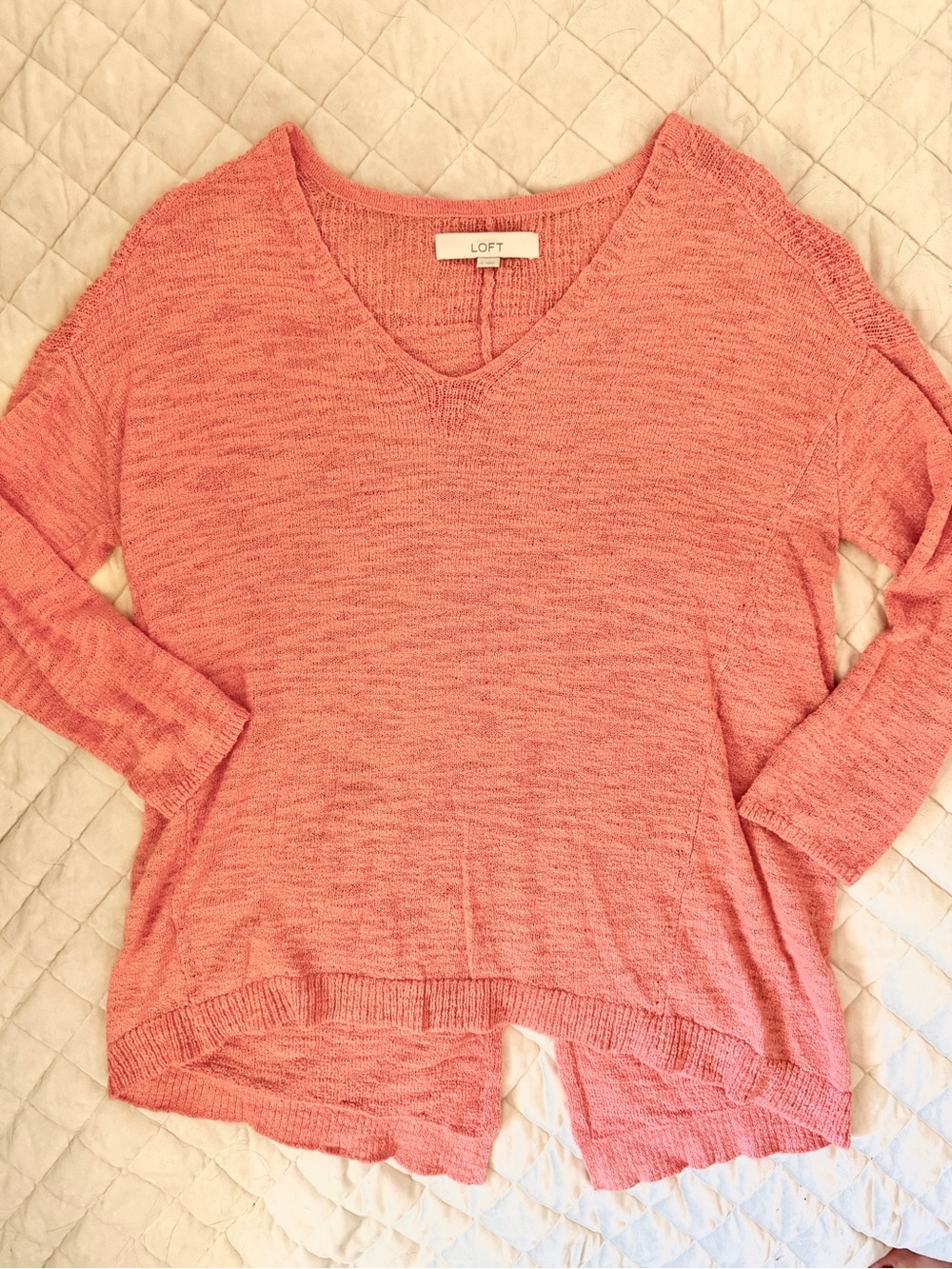 LOFT Coral Pink V-Neck Lightweight High-Low Sweater With Split Back